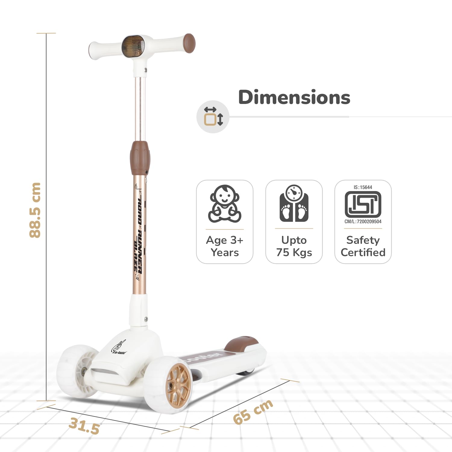 R for Rabbit Road Runner Blaze Foldable Kick Scooter for Kids with 4 Level Adjustable Height, PU LED Wheels, Lights and Music for 3+ Years Baby Boy & Girl of Upto 75kg Weight (Cream Gold) - Image 9 thumbnail
