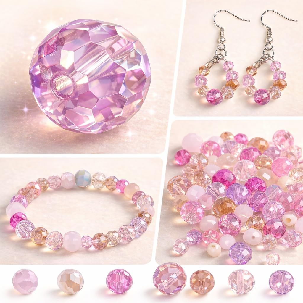 Songxi Lot de 1 000 perles en verre rose de 4 mm/6 mm/8 mm pour la fabrication de bijoux, 5 styles et 3 tailles - Perles d'espacement pour la fabrication de porte-clés, colliers, boucles d'oreilles