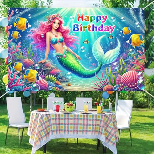 Image of BlissYard Happy Birthday Backdrop Colorful Sea Mermaid Princess Party Banner Photo Background for Photography Girls Birthday Party Decoration Supplies 71 x 43Inches