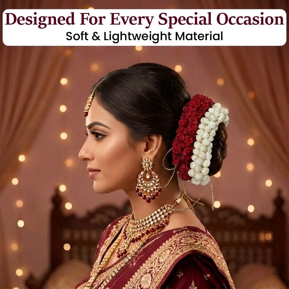 Gozby WellPoint Artificial Flower Gajra Bun Juda Maker – Hair Accessories for Women & Girls, White & Maroon Floral for Wedding, Bridal, Bridesmaid & Festive Decoration (2 psc)
