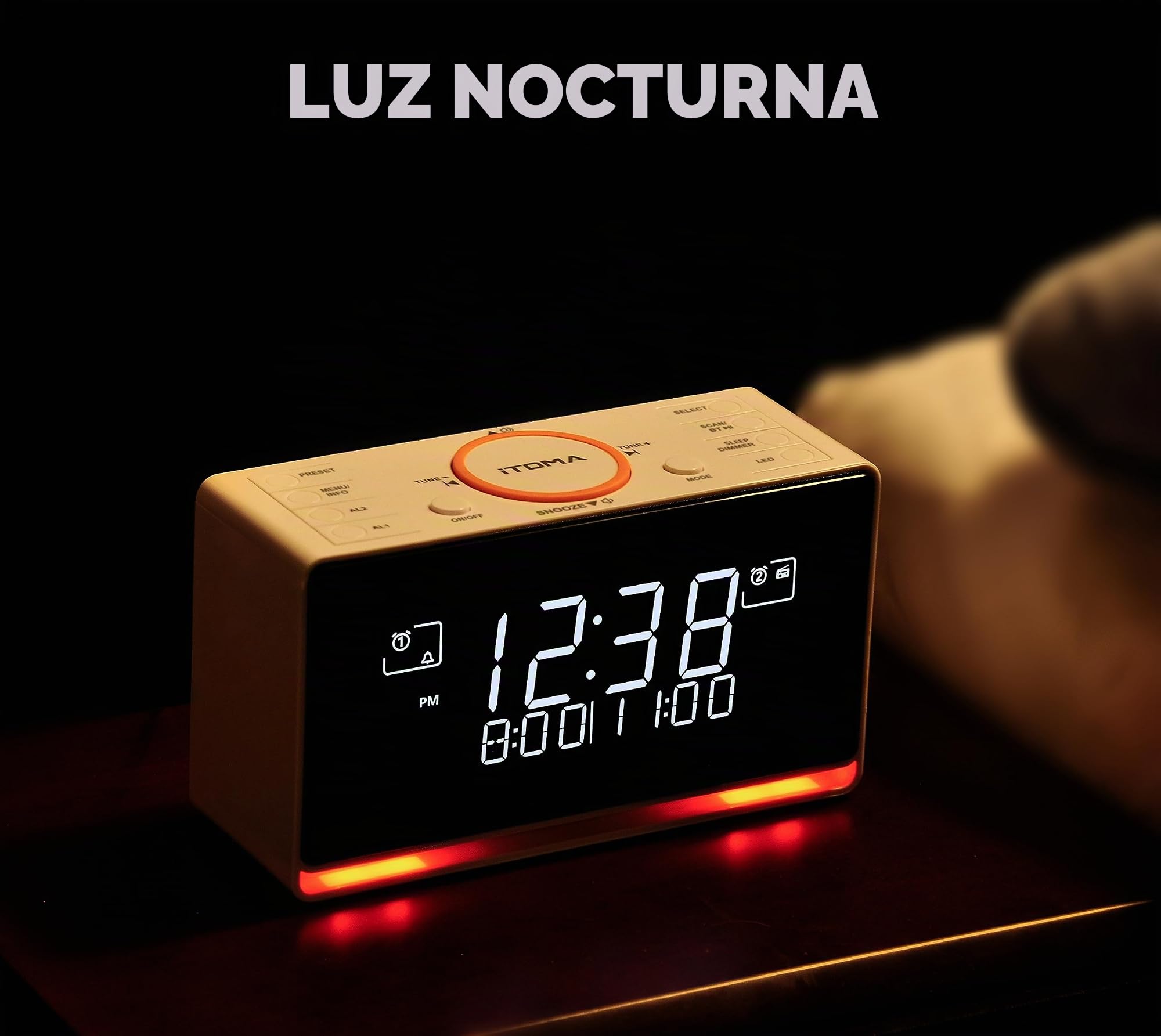 Despertador de radio DAB y FM con 40 preestablecidos, bluetooth, doble alarma, cronómetro de sueño, control de dimmer, cargador USB y enchufe de auriculares iTOMA 728