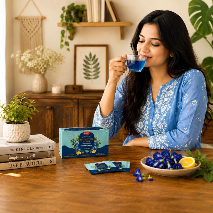 Image of BOVI Butterfly Pea Flower Tea Bags, 30 Teabags | Aparajita /Shankhpushpi Herbal Tea | Caffeine Free| Antioxidant Rich Wellness Tea