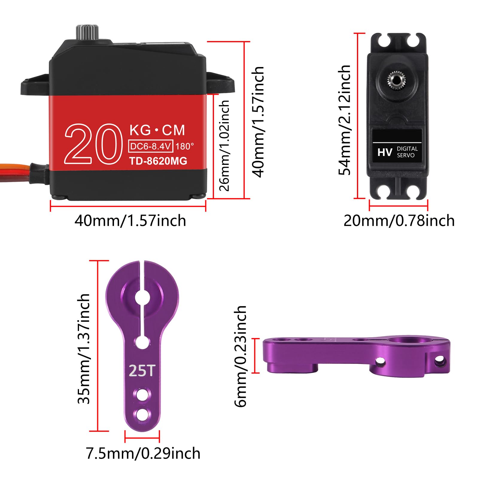 DWEII 2PACK 20KG RC Servo High Torque Servo Motors,Waterproof Metal Gear Steering Servo for 1/8 1/10 RC Car Robot DIY, Digital Servo with 25T Servo Horn, Control Angle 180°