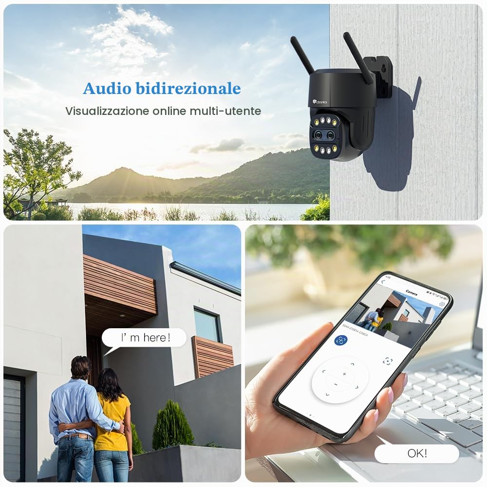 Ctronics Zoom Ibrido 6X Videocamera Wi-Fi Esterno con Doppio Obiettivo | Tracciamento Zoom Automatico Sorveglianza, Rilevamento Umano Visione Notturna a Colori Audio Bidirezionale IP66 (Nero)