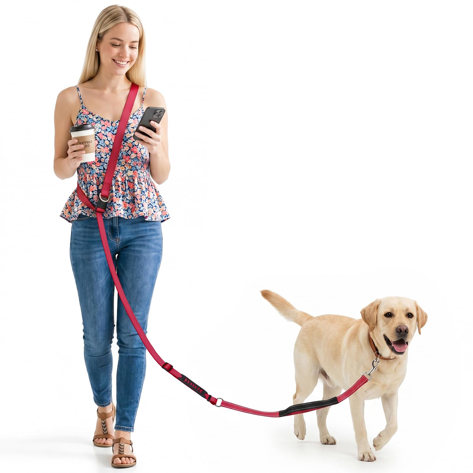X XBEN 4-in-1 Freihandleine Joggingleine Hundeleine für Große Mittelgroße Hunde, Freihändige Hundeleine mit Hilfsgurt, Bequeme Doppelgriffe und Bauchgurt, Verstellbar (0,8-2,2M), Reduzieren Müdigkeit