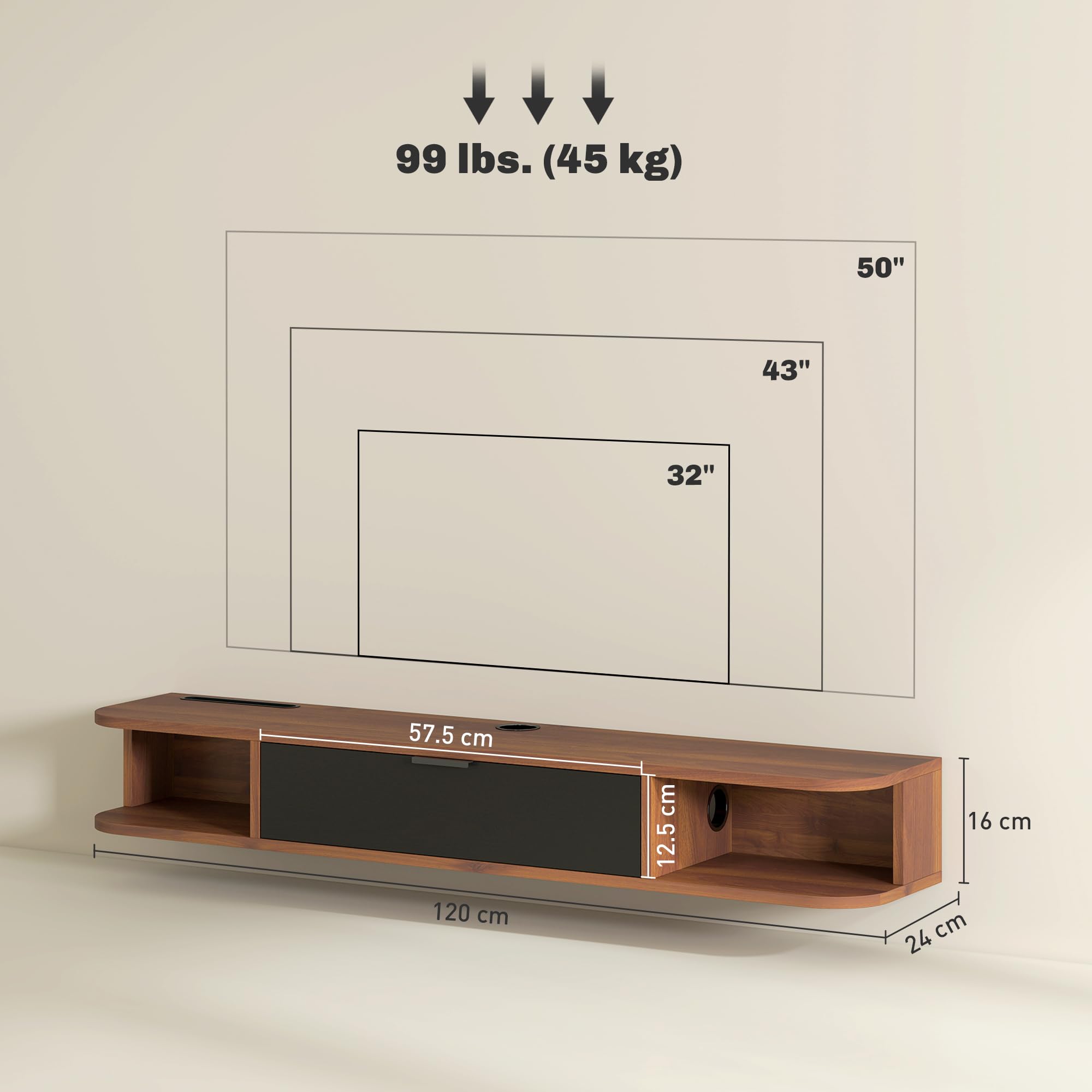 HOMCOM Mobile TV Sospeso con 2 Ripiani, Fino a 50" 120x24x16 cm Noce | Cassetto Ribaltabile, Foro Passacavi, Mobile Porta TV, Mobiletto per Televisore, Soggiorno Camera da Letto Salotto