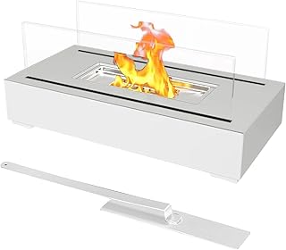 Rectangular Tabletop Fireplace, Bio Ethanol Fireplace, Portable Glass Top Burner Table Top Heater Fire Bowl Pot, Ventless Bioethanol Fireplace for Indoor Outdoor Camping Patio Parties Events (White)