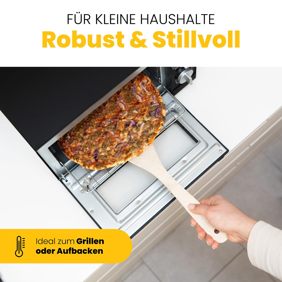 Clatronic Pizzaofen, 12 Liter Backraum, Minibackofen, zum Grillen & Aufbacken, Backofen mit Ober- & Unterhitze, Mini Backofen mit 60 Min.-Timer, Backofen klein inkl. Backblech, MPO 3520, Schwarz