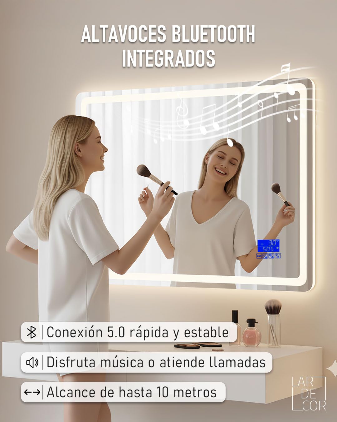 Espejo con Bluetooth y Luz LED Tipo 2 Regulable 3000K/4000K/6000K【120 x 70 cm】 Función Antivaho, Modelo Horizontal de Pared con Interruptor Táctil, Instalación Fácil