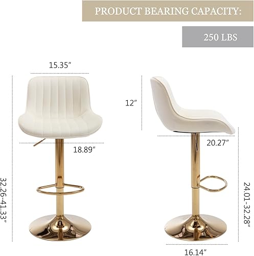 Miniatura 3 de Kiztir Juego de 2 taburetes de bar de terciopelo dorado, taburetes de bar ajustables con respaldo y reposapiés, taburetes de bar giratorios dorados