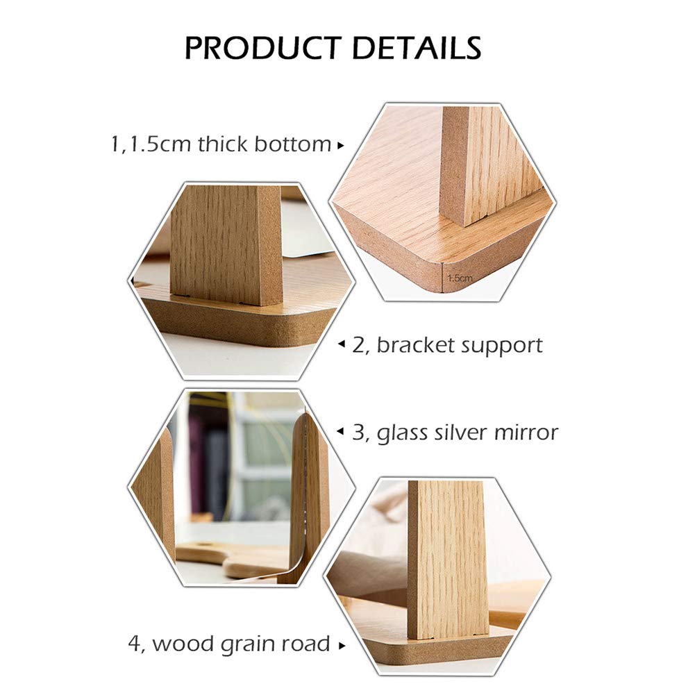 Suszian Makeup Vanity Mirror,1PC 180° Rotated Wooden Makeup Mirror Desktop Small Glass Silver Mirror,Countertop Cosmetic Mirror - Image 4