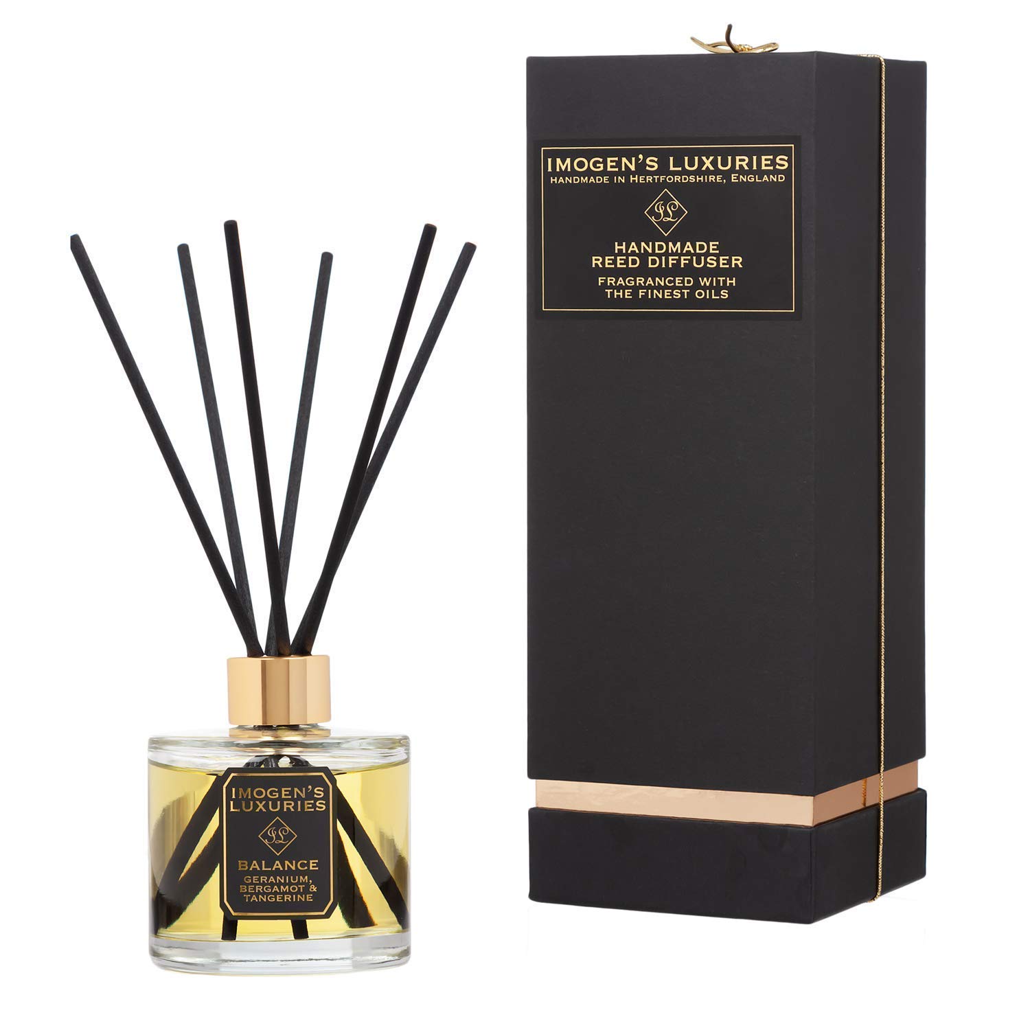 Balance Reed Diffuser Large 200ml: Bergamot, Geranium & Tangerine Essential Oils - Gift Boxed - 6 Thick Black Reeds.