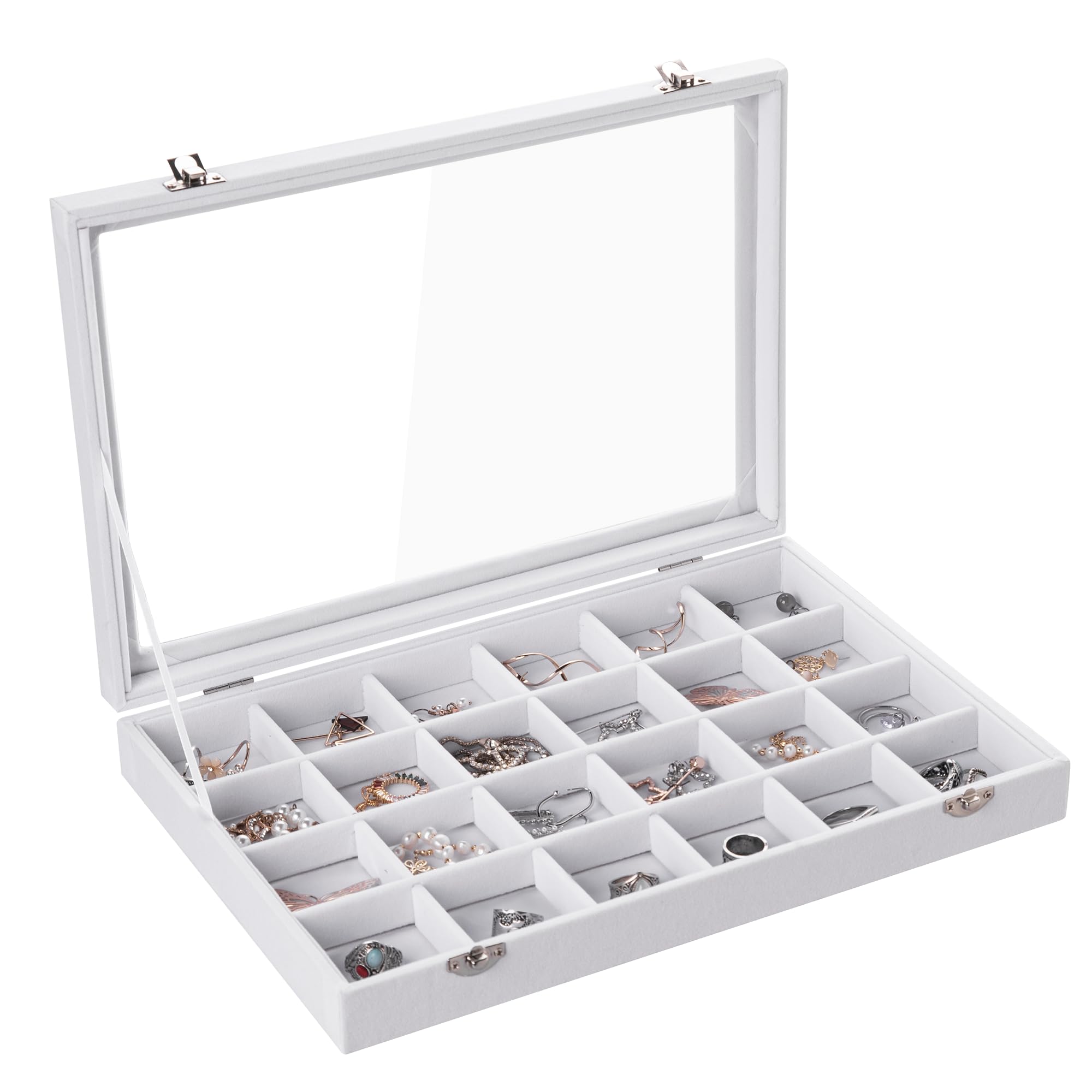 Frebeauty Samt Schmucktablett 24 Gitter Schmuck Organizer mit durchsichtigem Deckel Ohrring Organizer Halter Etui mit Verschluss Schubladeneinsatz Anhänger Broschen Geschenk (Weiß 24 Gitter)