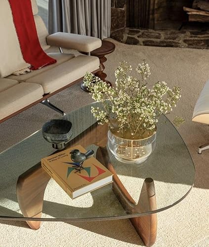 OTDMEL Noguchi Triangle Glass Coffee Table with Solid Wood Base,
