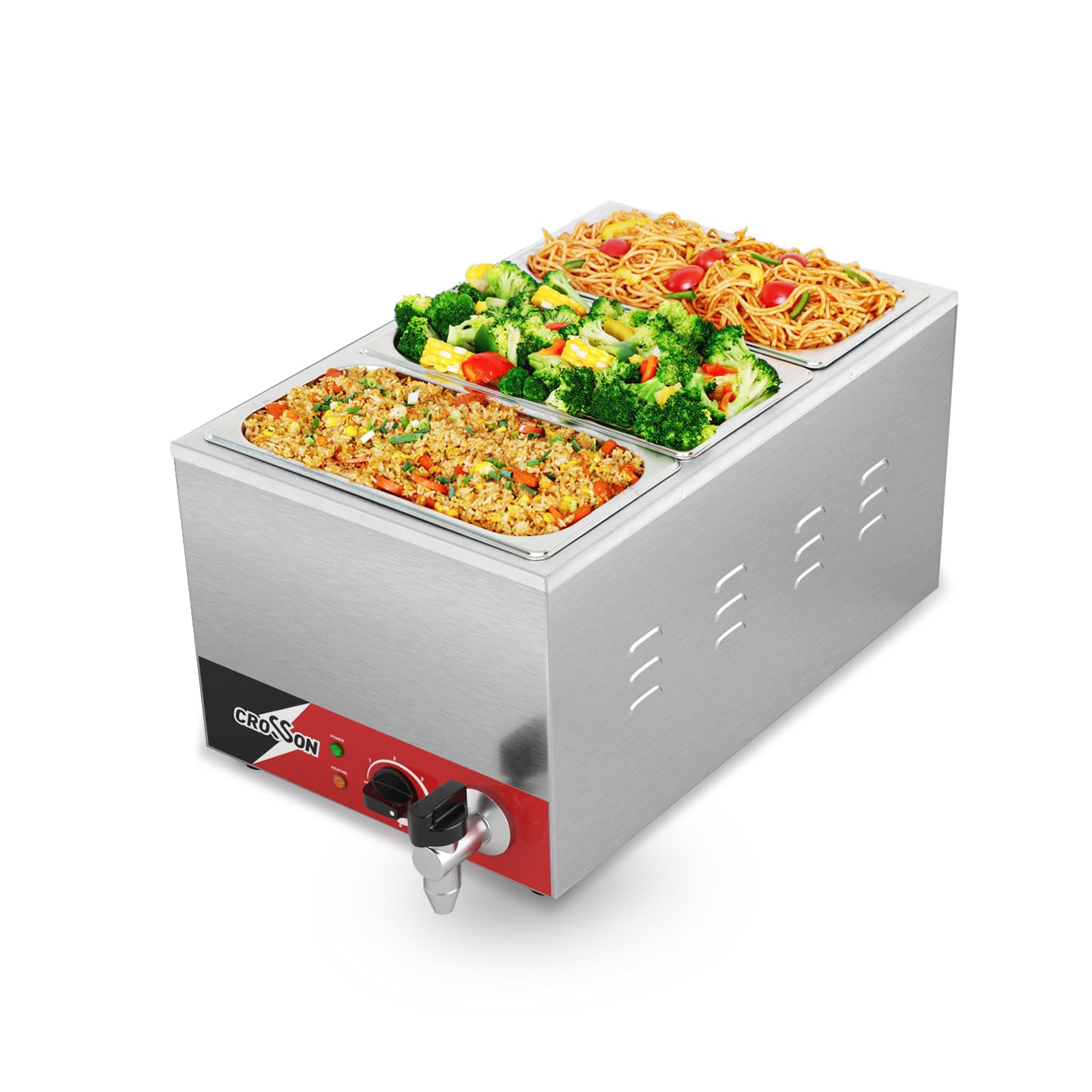 CROSSON Gastronorm Bain Marie mit Ablaufhahn, Profi Gastro Speisewärmer passend für (GN) 1/1 Gastronorm Behälter mit 3 150mm hohen 1/3 GN-Wanne, Wasserbad Temperatur einstellbar von 35-85 °C