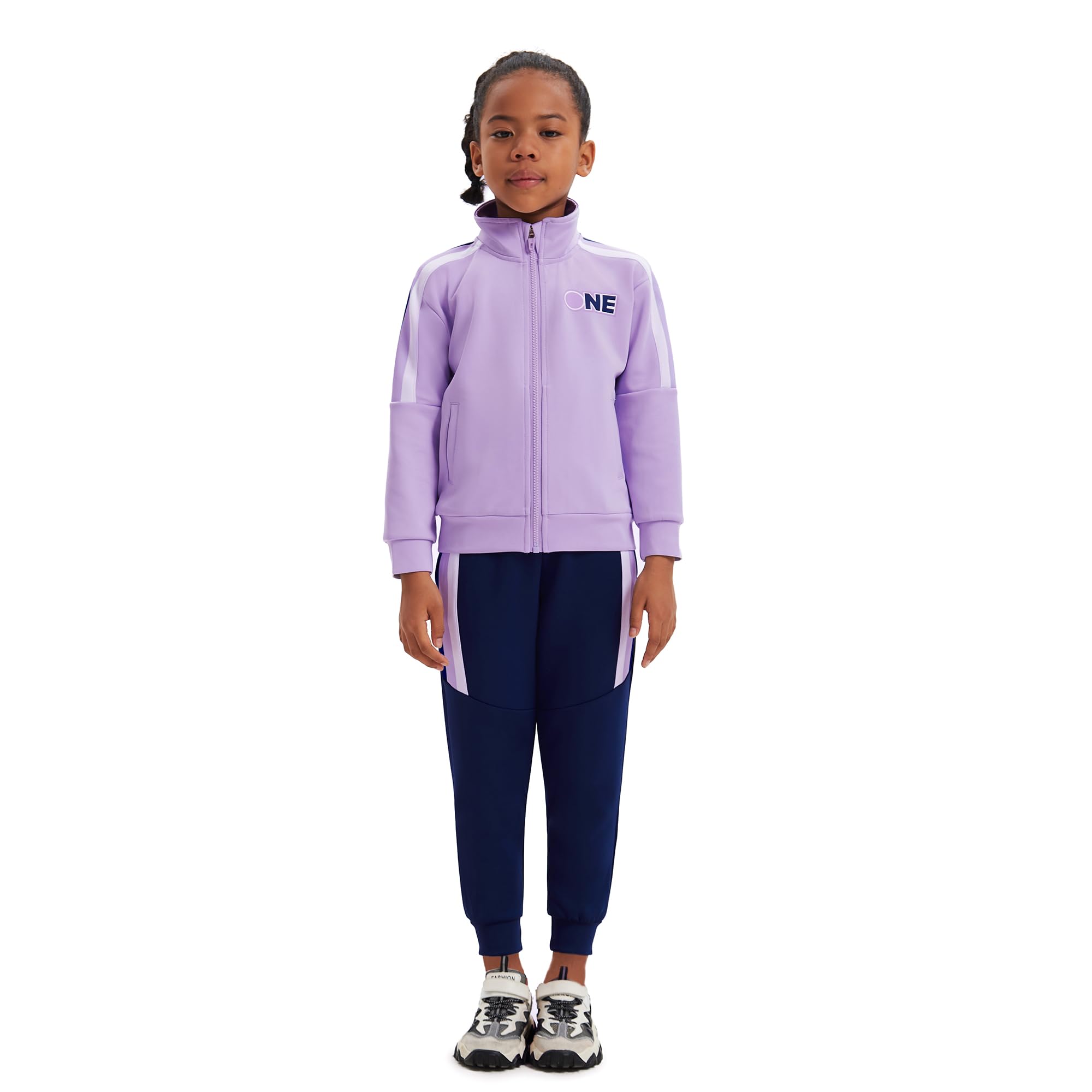 2Pack Mädchen Kinder Outfits Trainingsanzug Set gestreift Bomber Brief drucken Zip Up Crop Top Langarm mit Taschen unten Sport authentisch Jogger Kordelzug Hose für Alter 4-15 Jahre