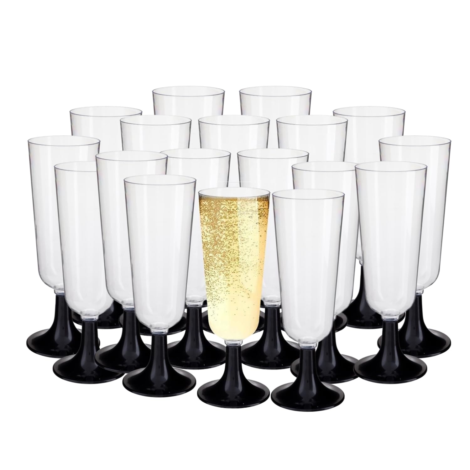 HOMESHOPA 18 Pack Plastic Champagne Flutes, Clear Wine Glasses Black Base, Unbreakable Reusable Cocktail Prosecco Glasses for Weddings Birthdays Christmas BBQ & Garden Parties