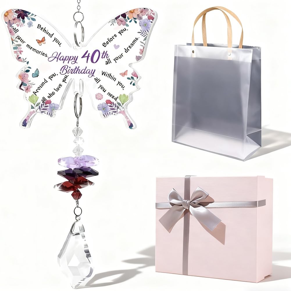 40th Birthday Gifts for Women, Butterfly Acrylic Crystal Suncatcher Gifts, Unique 40 Years Old Presents for Mum Wife Sister, 1985 Birthday Gift for Friend Bestie Female With Gift Box & Bag