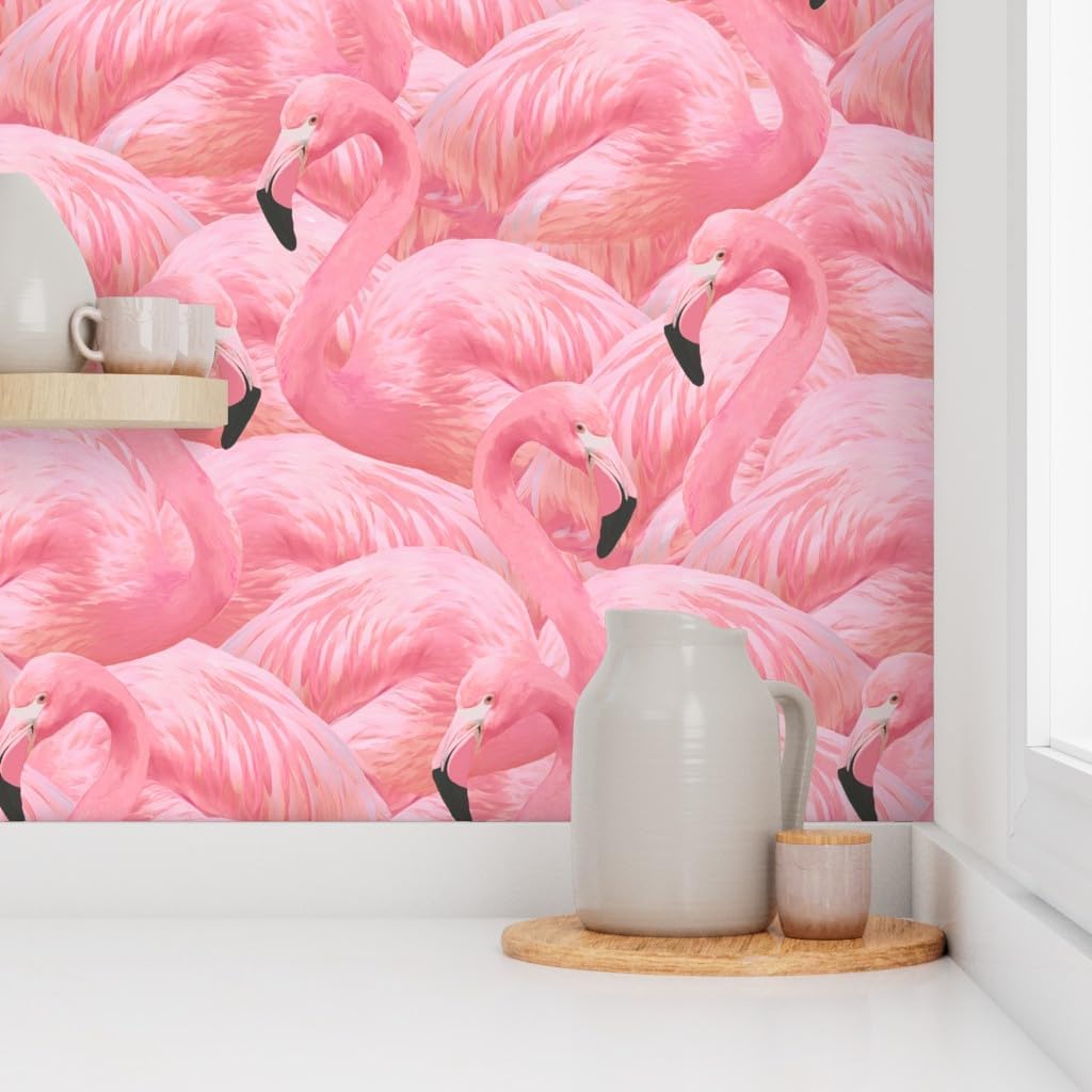 Peel & Stick Wallpaper Swatch - Flamingo Pink Birds Flamingos Island Summer Retro Custom Removable Wallpaper by Spoonflower