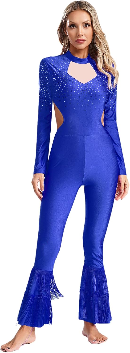 XUNZOO Womens Sexy Long Sleeve Rhinestones One Piece Full Body Dance Unitard Flared Bodycon Jumpsuit