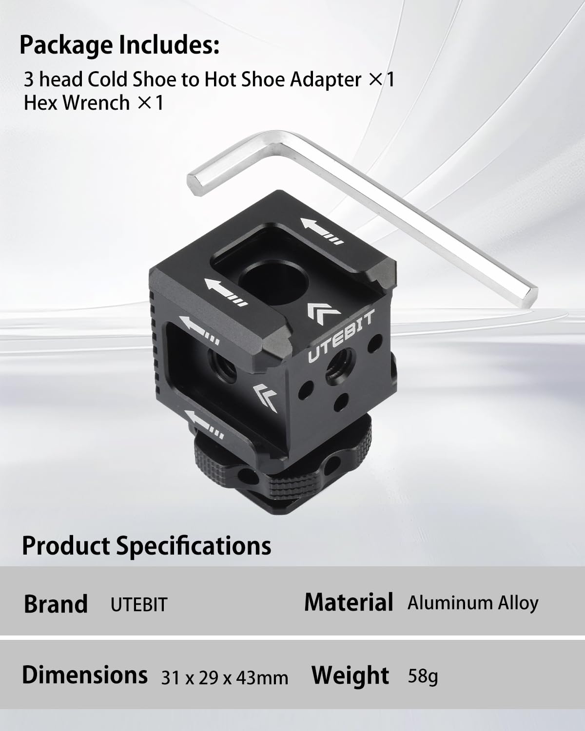 UTEBIT Triple Adaptateur Cold Shoe avec Trou de Vis 1/4'', Support d'Extension Hot Shoe en Alliage d'Aluminium Sabot de Flash Cold Shoe Mount pour Caméra, Moniteur, Microphone