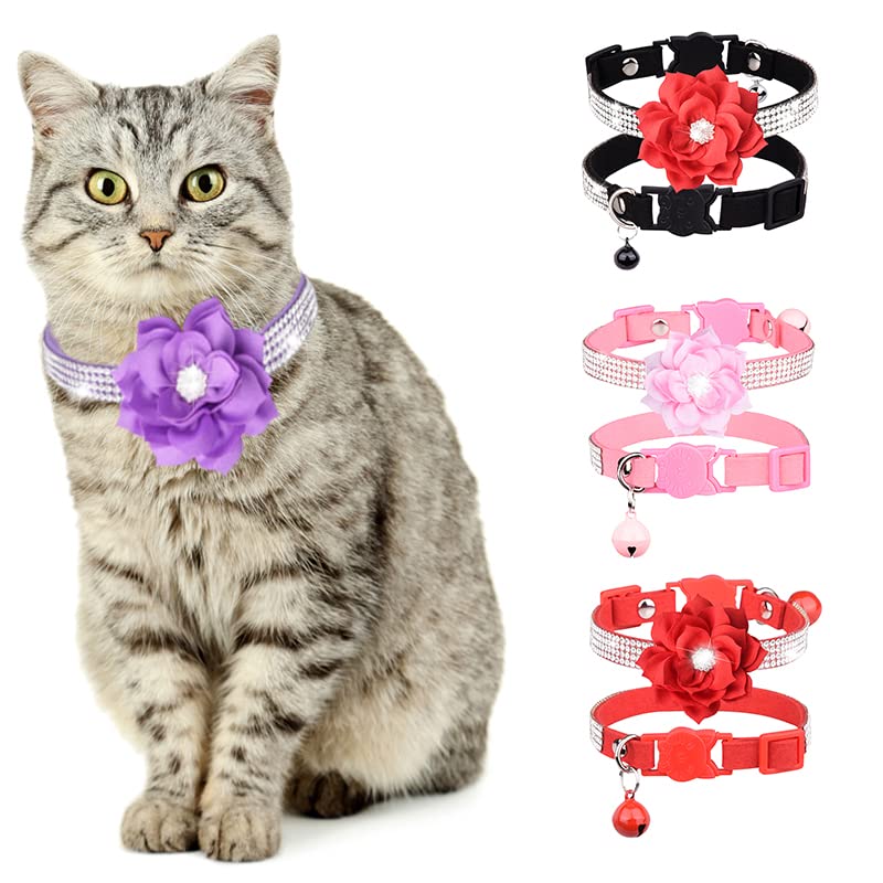haoyueer Rhinestones Dog Cat Collars with Bell Bling Pet Puppy Collars with Soft Velvet Crystal Collars Girl Jeweled Necklace (Pink-1) - Image 3