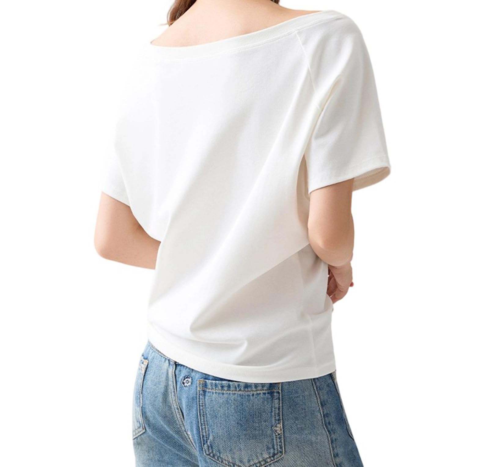 Hauts À Épaules Dénudées Pour Femmes Été Lâche Casual À Manches Courtes Couleur Unie Loose Wear Sexy Mignon Tops