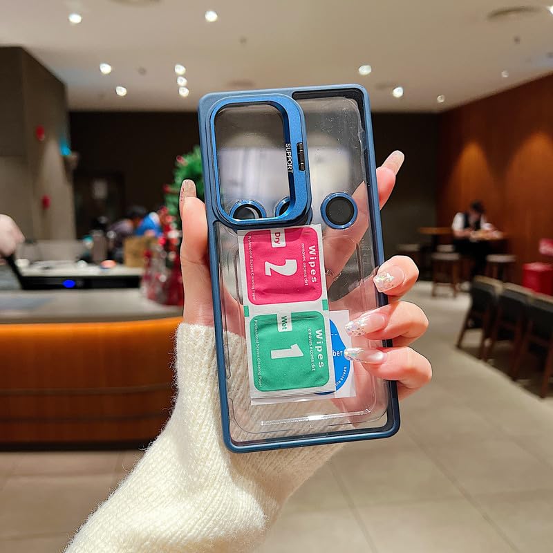 Image of Clear Case for Samsung Galaxy S24 Ultra | Metal Lens Protector & 180 Rotating Bracket | Shockproof Transparent Hard Back Cover with Soft TPU Frame - Navy Blue