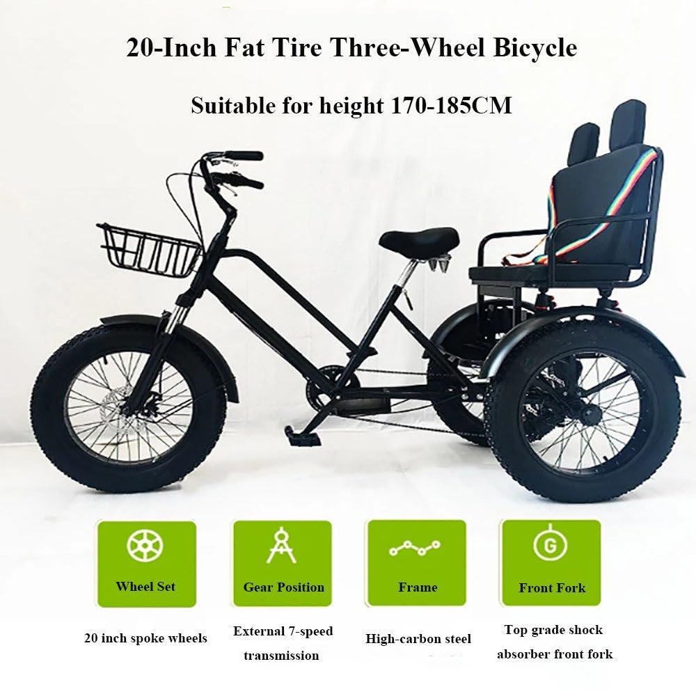 Rower trójkołowy z oponami fatbike 20", dla dorosłych, z siedzeniem pasażera, wysoka nośność, komfort jazdy, dla seniorów o wzroście 170-185 cm