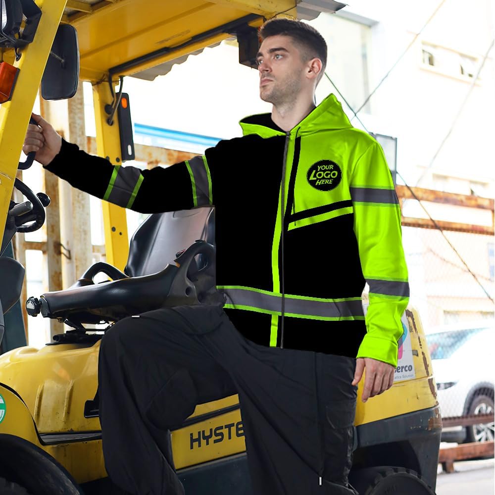 High Visibility Zip Hoodie For Men Hi Vis Zipper Hoodie Custom Name Reflective Construction Safety Workwear