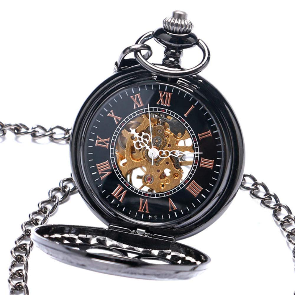 Vintage Schwarz/Silber halbkreis mechanische Handwindtaschenuhr Kette Luxus Steampunk Frauen Männer Uhren männliche Uhr Geschenke
