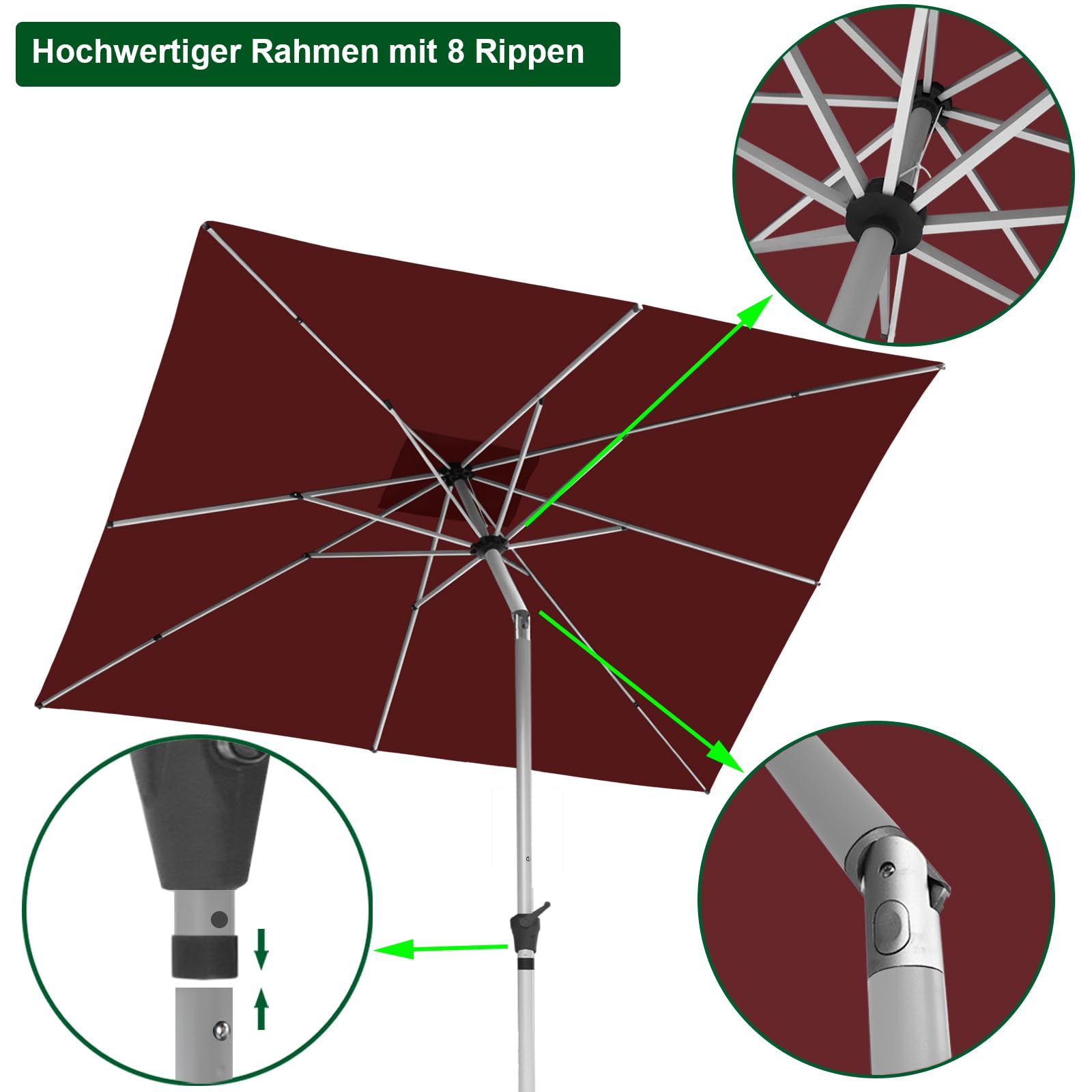 RANSENERS Sonnenschirm 250 x 250 cm, mit Schirmständer, 8 Streben, Beidseitig um 30° Knickbar, Kurbel öffnen & Schließen, UV50+, für Garten, Balkon, Terrasse, Cafe im Freien
