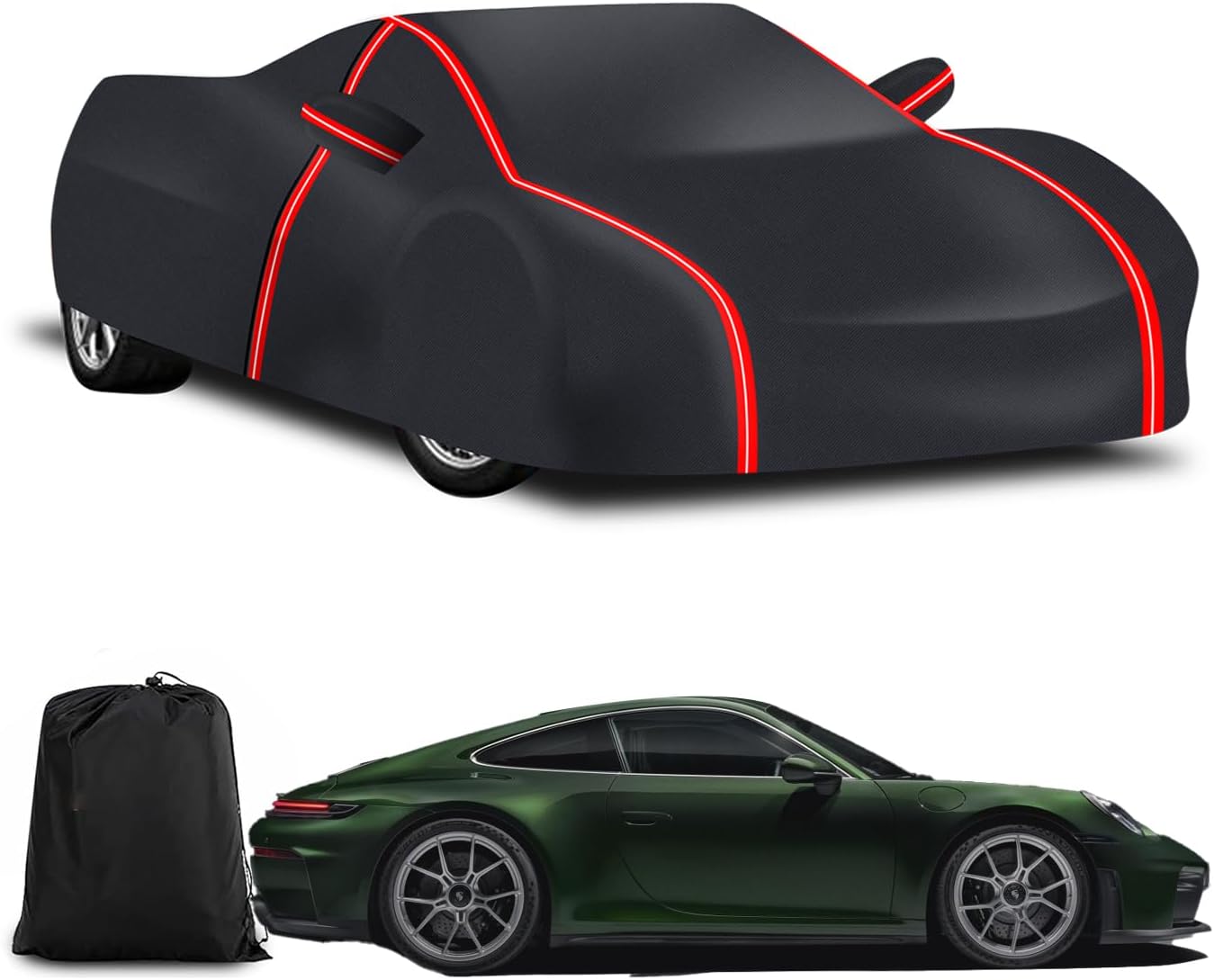 Waterproof Car Cover for Porsche 911/718/for Boxster,All Weather Outdoor 230T Polyester with Driver Door Zipper, Snow Rain Dust Sun UV Protection,Includes Storage Bag（Black+Red）