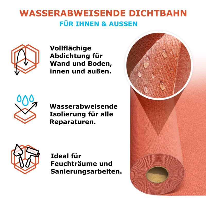 Belvit® Abdichtungsbahn 30m² – Abdichtbahn Dusche – Dichtfolie Bad – Dichtbahn Duschelement – Polymer für Balkon Terrasse und Bad – Rissüberbrückend und Frostbeständig für Wand und Boden