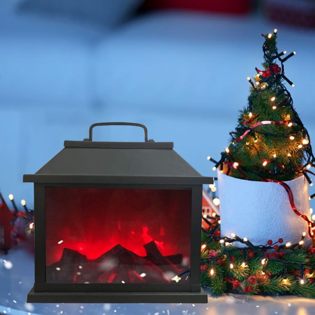 Small Cozy Fireplace Lantern Traditional Realistic Log Wood Burning Flame Effect Ligh LED Charcoal Style Table LampFor Indoor &amp; Outdoor Use(11.4''X6.1''X11.2'')