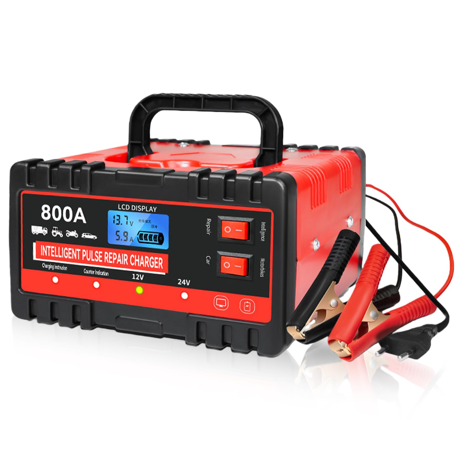 Caricatore a batteria completamente automatico, 8 A, caricabatteria da auto, 12 V, 24 V, strumento di ricarica rapida intelligente e manutenzione per auto, camion, moto, auto e trattore