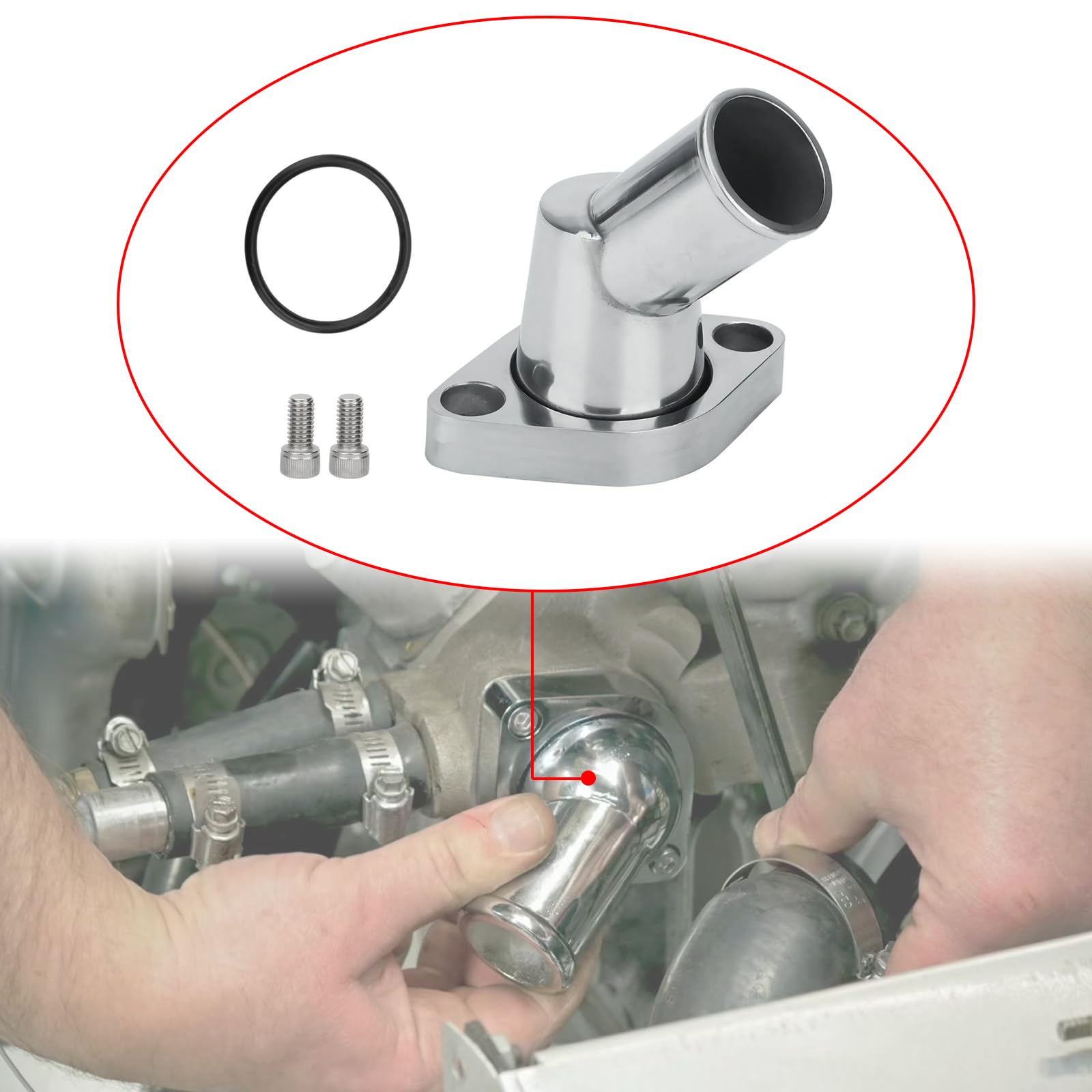Termostatos del motor Carcasa de termostato cuello agua de 45 grados compatible con Chevy SBC BBC 283 302 305 327 350 400 396 427 454 502 con tornillos y anillo de sellado Refrigerantes Del Motor