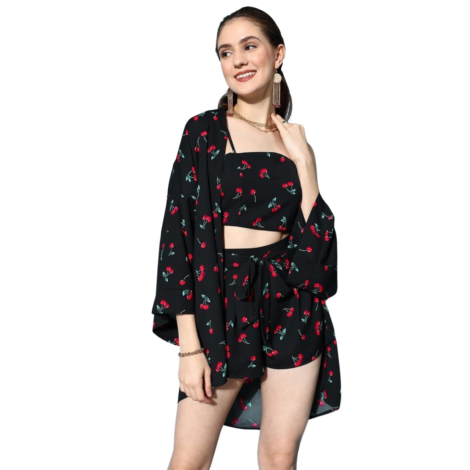 berrylush Women Floral Printed Crop Top & High Rise Tie-Up Front Shorts with Kimono Co-ords Set-picture-32