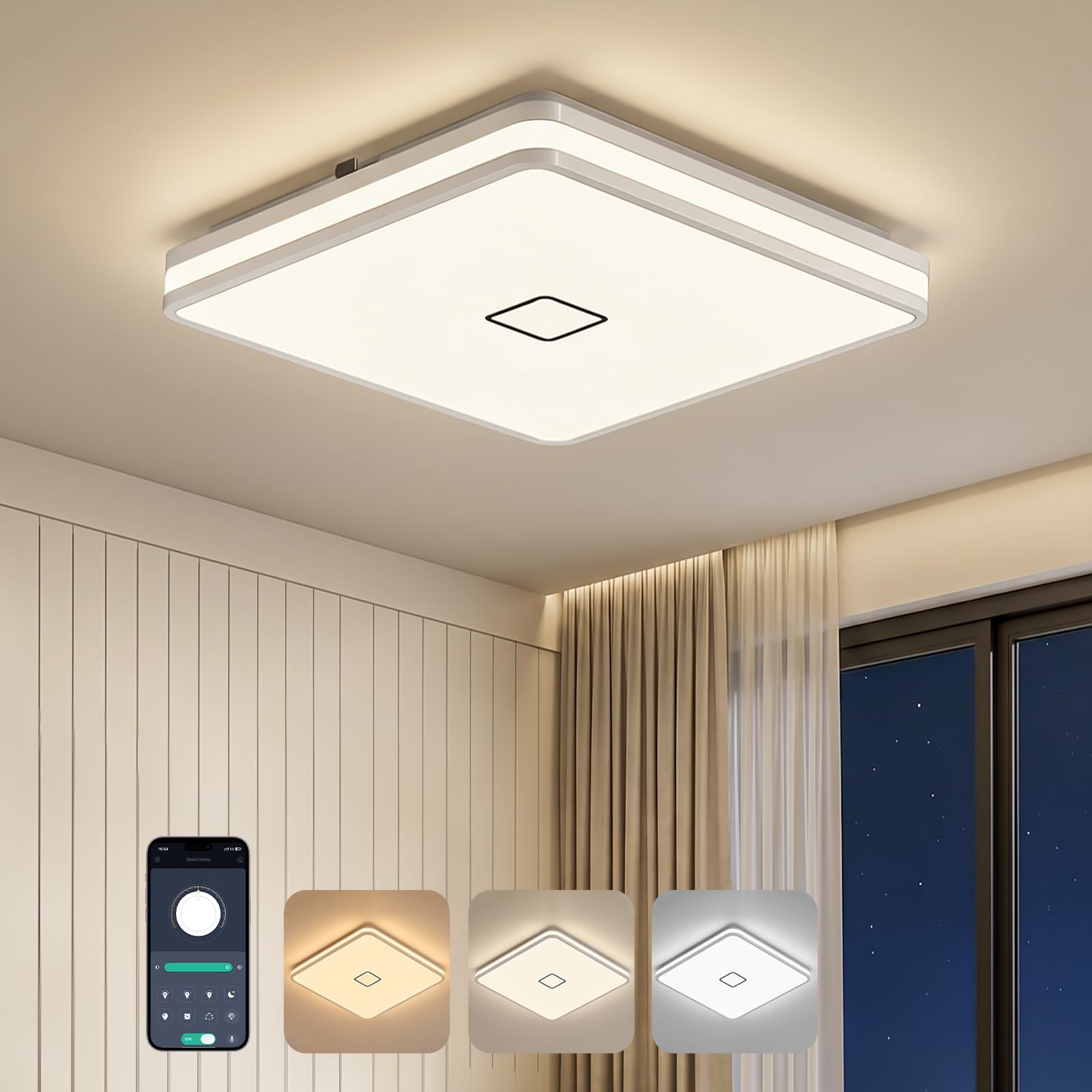 Deckenlampe eckig 24W, led deckenleuchte dimmbar mit App, Badezimmer Lampe decke Warmweiß/Naturweiß/Kaltweiß(3000-5000K) mit Nachtlicht, Badlampe modern für Bad Küche Schlafzimmer Wohnzimmer Flur 32CM