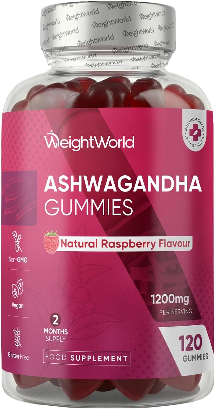 Ashwagandha Gummies 1200mg - 120 Gummies - 2 Months Supply | Tasty Natural Raspberry Flavour - 2 per Day - Ashwagandha Root Extract Supplement - Vegan, Non-GMO & Gluten-Free