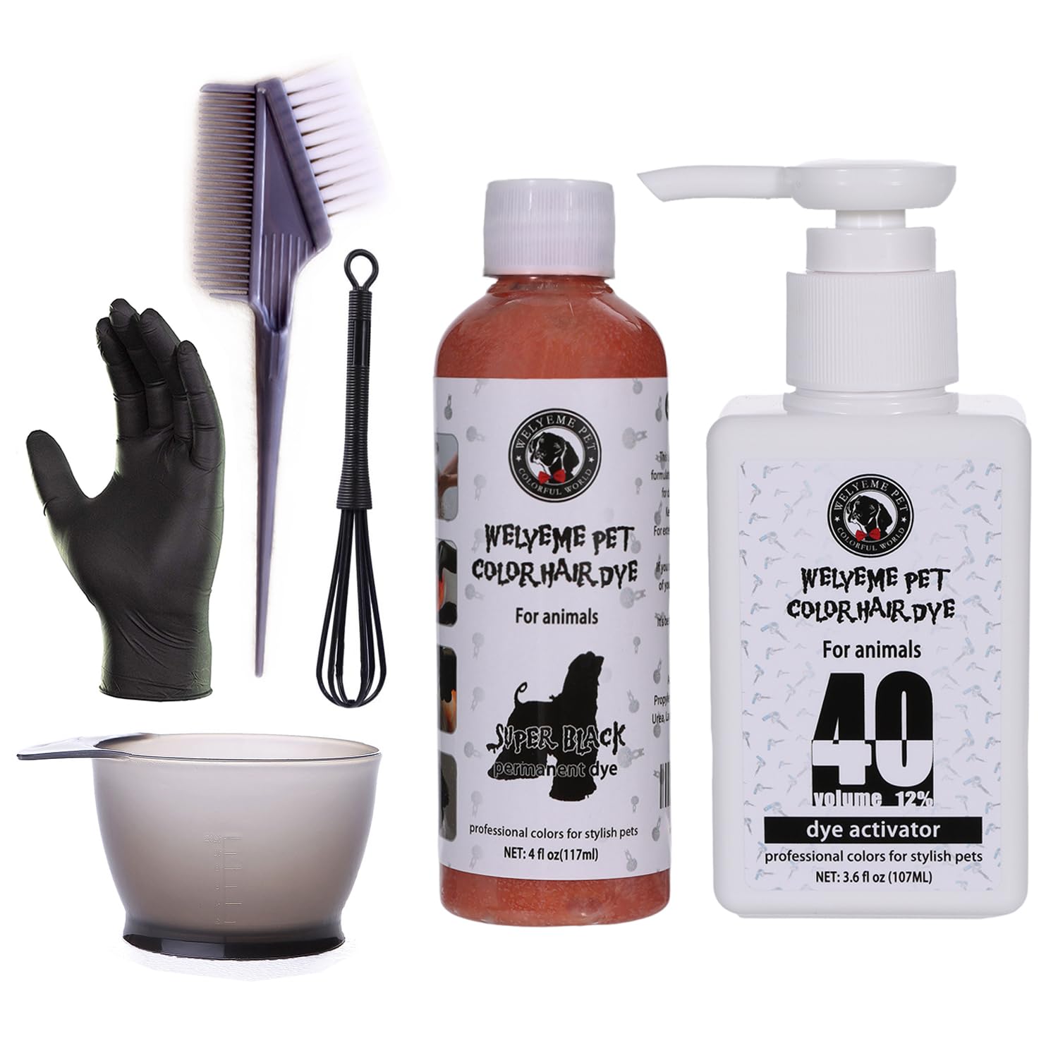 WELYEME Black Pet Hair Dye Kit, Permanent Dog Hair Dye with Hair Color Whisk, Brush, Mixing Bowl, and Glove(SuperBlack)