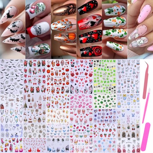 Holiday Nail Art Stickers Decals 30 Sheets 3D Seasonal Stickers for Nails with Tweezers Self-Adhesive Manicure Decoration Nail Supplies for Christmas Valentine Halloween St. Patrick's Day Easter