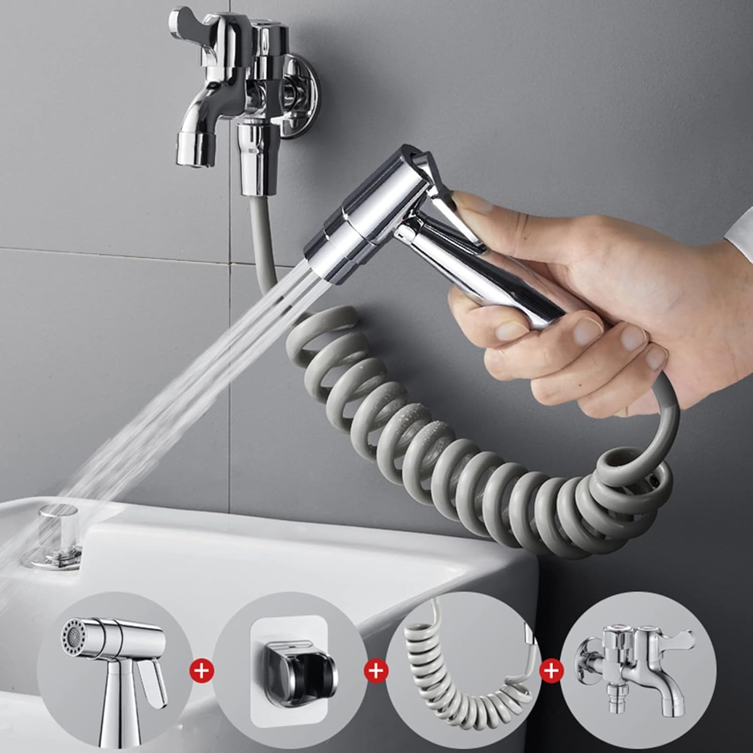 Handheld Bidet Sprayer for Toilet Brass Cloth Diaper for Sink with 3m Hose G1/2 Double Tap for Toilet,Silver B(Silver A)