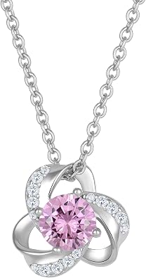 18K Gold Plated Love Knot Necklace for Women, 925 Sterling Silver Round cut Birthstone Pendant Necklace With Chain Lucky Flower Jewelry Gift