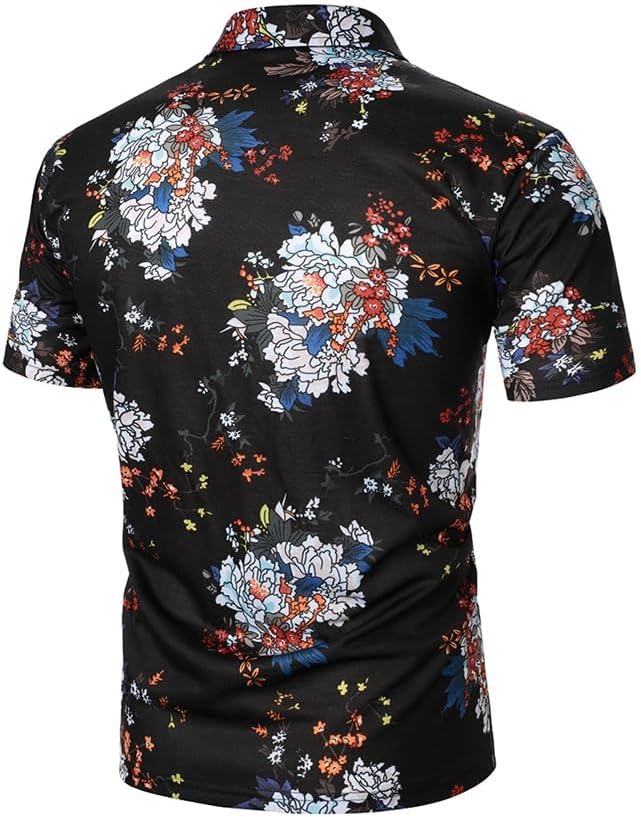 メンズ半袖ポロシャツフラワープリント服カジュアルホリデーハワイアンスタイルラペルシャツ(Size:S code)