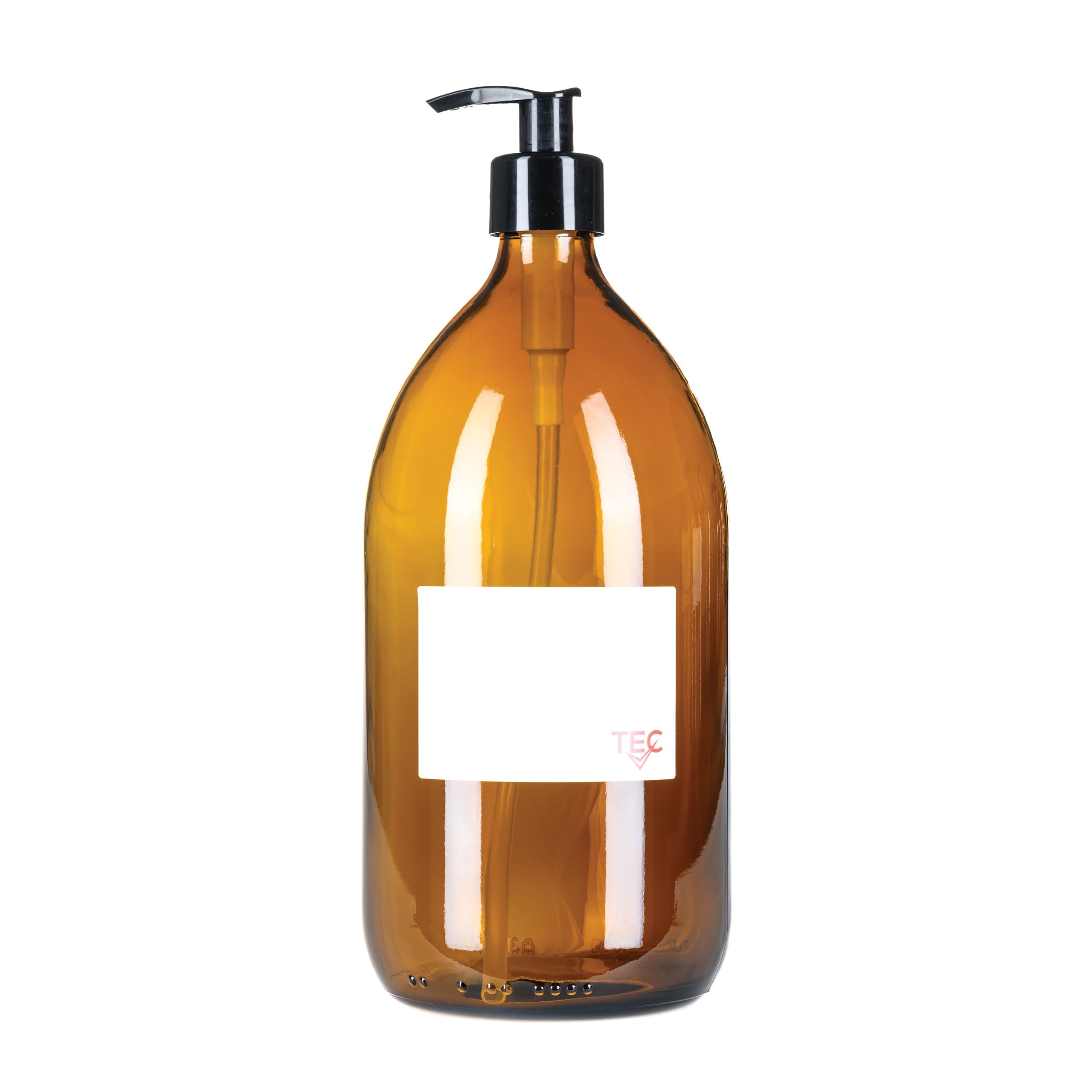 TEC 1 Litre Bottles Amber Glass 65% Recycled with Pumps UK Made Large Soap Dispenser for Handwash Recyclable Refillable Labels Wrapped in Brown Sustainable Paper (1)