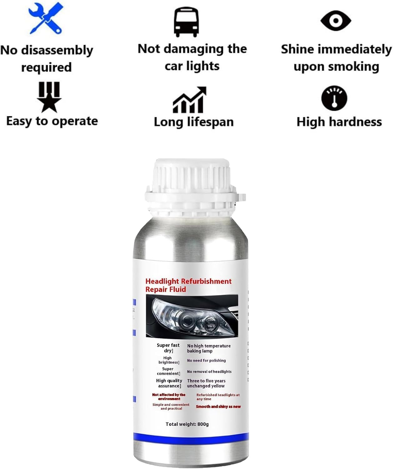 Generico Auto Fari di Riparazione Polimero Liquido,Liquido di Riparazione del Faro,Fari Auto Opaco di Pulizia,Liquido di ripristino del Faro di Pulizia e ripristino dei fari Automatici per (800ml)