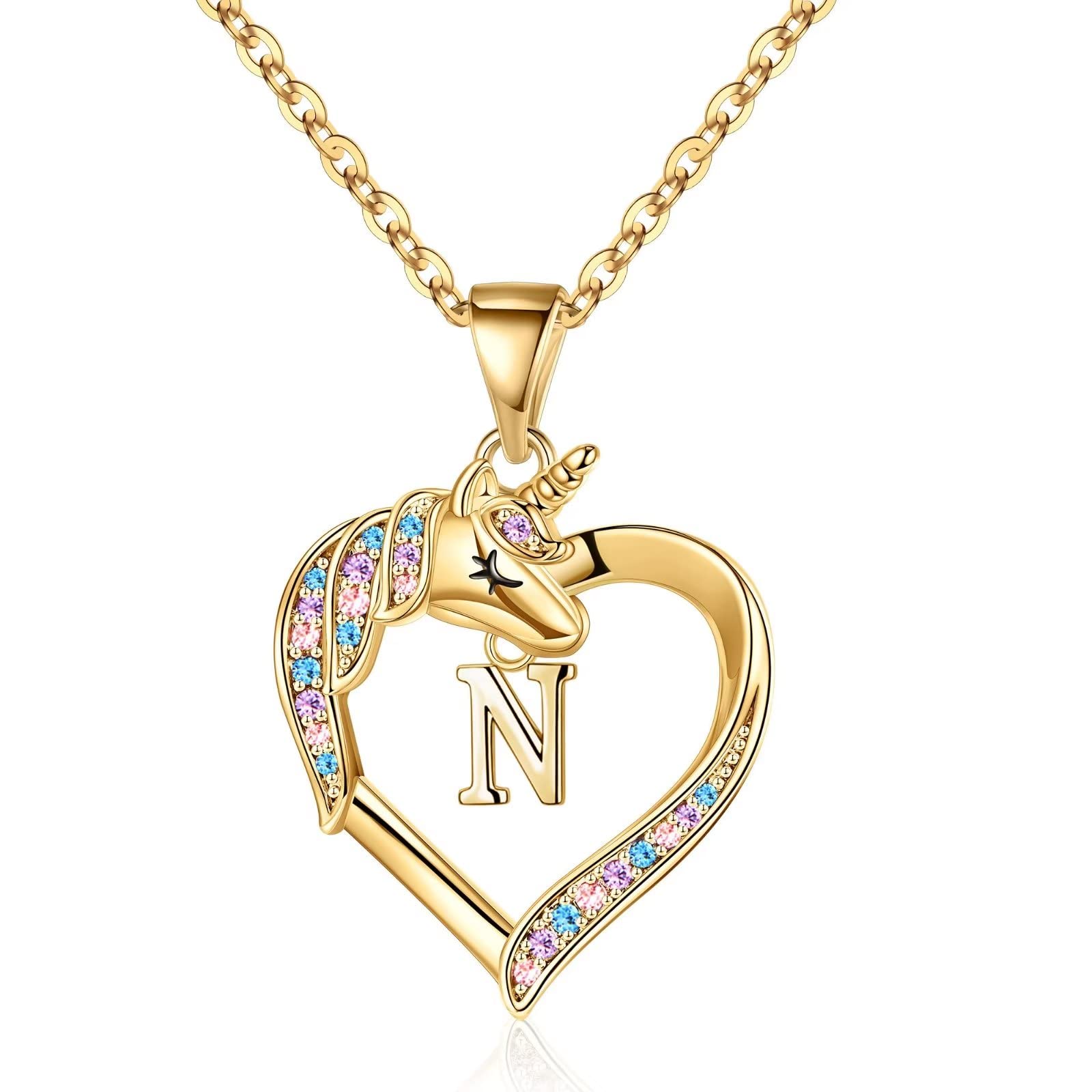 Hidepoo Unicorn Necklace Gifts for Girls Kids - 14K Gold Plated Colorful CZ Heart Unicorn Necklace Girl Jewelry Initial Unicorns Necklaces for Girls