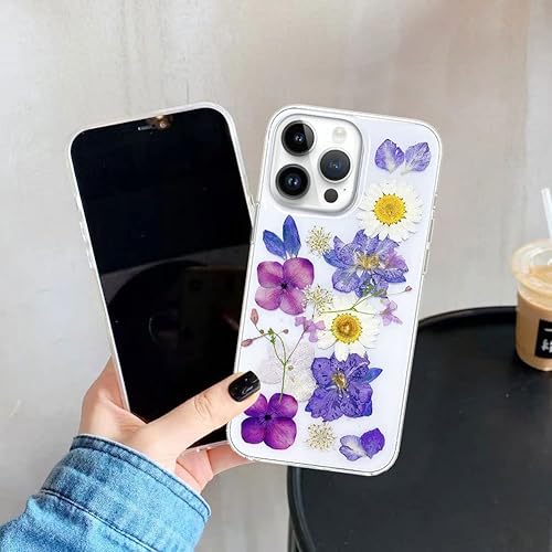 Miniatura 6 de Abbery Funda diseñada para iPhone 14 Pro, funda seca prensada con purpurina transparente, bonita y transparente con diseño de silicona suave, goma