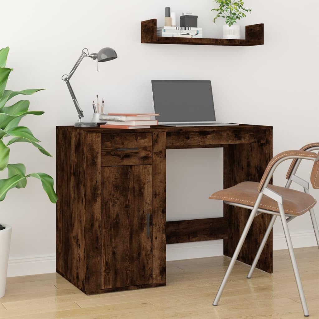 Biurko dąb wędzony 100 x 49 x 75 cm z materiału drewnopochodnego z szufladą, szafką, zarządzaniem kablami, idealne do biura, biura domowego, gabinetu, pokoju młodzieżowego i dziecięcego